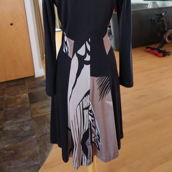$425 ISSA London dress size US 6 black with beige abstract print 100% silk flare - Picture 4 of 14